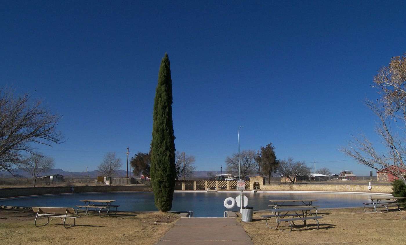The Balmorhea State Park swimming pool near Balmorhea, Texas, United States. The pool is formed by water discharged from San Salomon Springs.