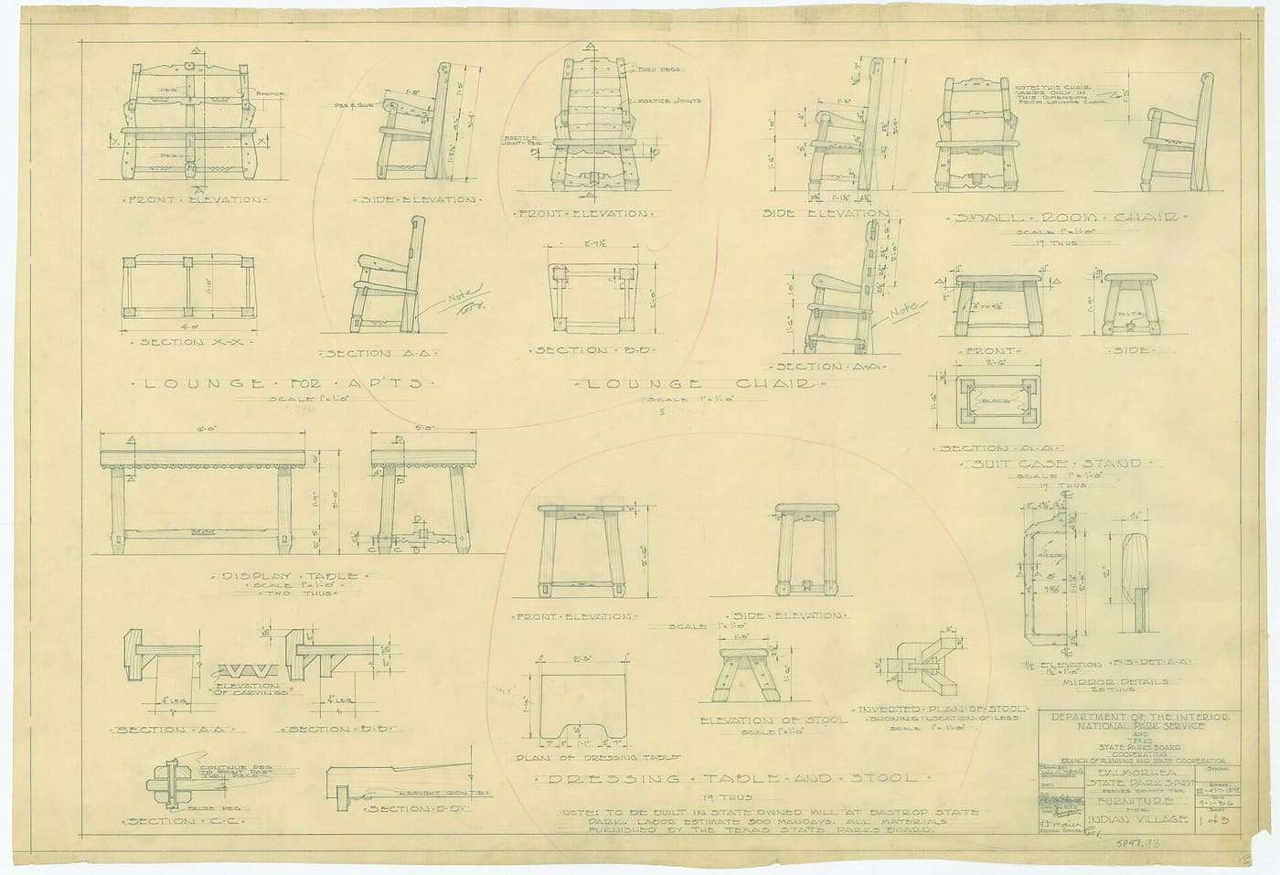 Note: To be built at mill at Bastrop State Park Specific date: 9/1/1936 Draftsman: Jones, J.C. Pink colored pencil. LN: 36.64 X HT: 24.82
