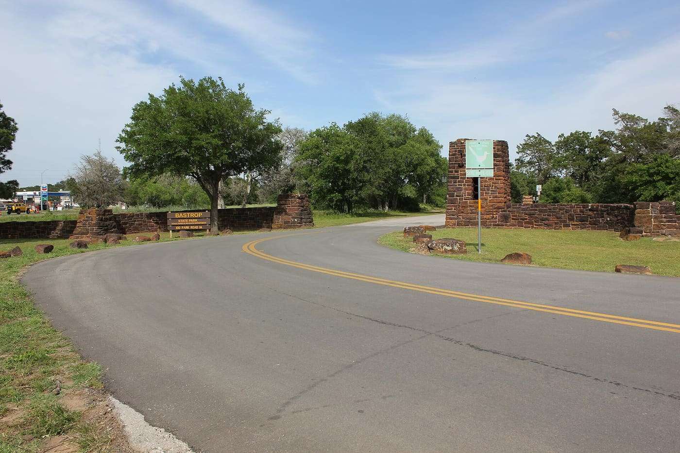 The entrance to Bastrop State Park on Park Road 1A through the native sandstone portal built by the Civilian Conservation Corps in the mid-1930s.