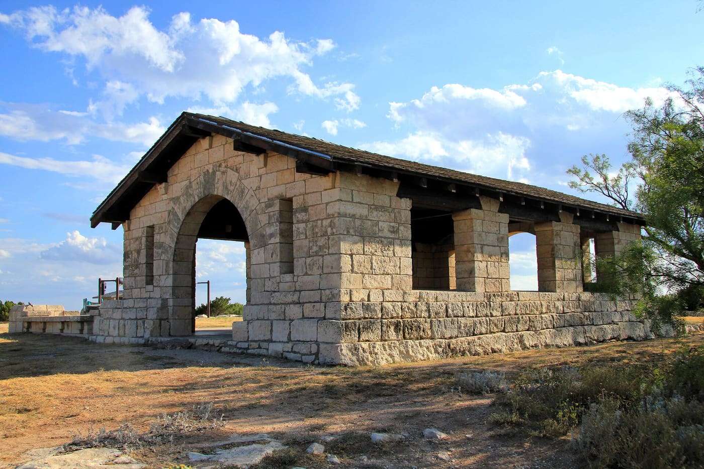 The Big Spring State Park mountaintop overlook pavilion in Big Spring, Texas, United States. The Civilian Conservation Corps built it between 1934 and 1935.