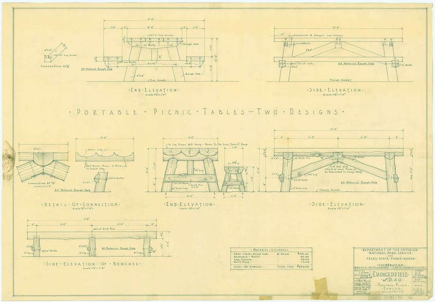 Title: Portable Picnic Tables Specific Date: 3/9/1936 Architect: Gunn, J.R., draftsman Remarks: Pencil on paper showing portable picnic tables, including end an