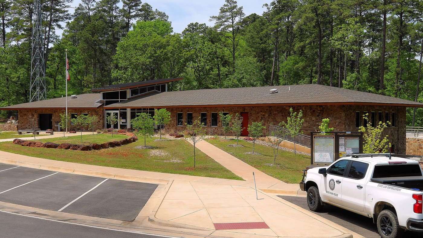 The new park headquarters in Tyler State Park in Smith County, Texas, United States. The building opened on October 18, 2024.