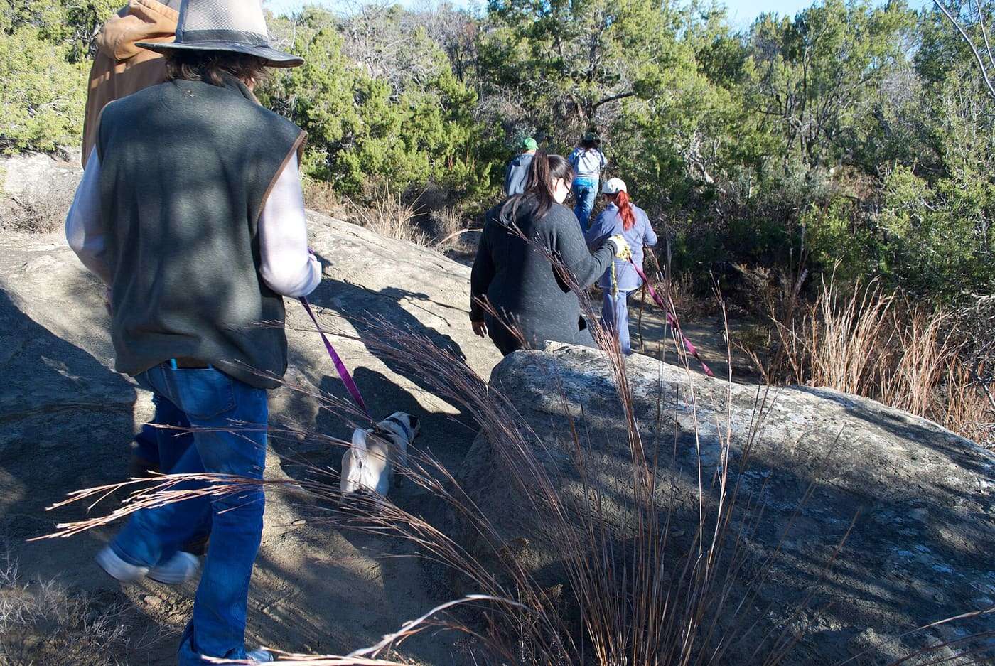 Participants on trail through rocks during First Day Hike 2017, Lake Colorado City State Park, Texas.