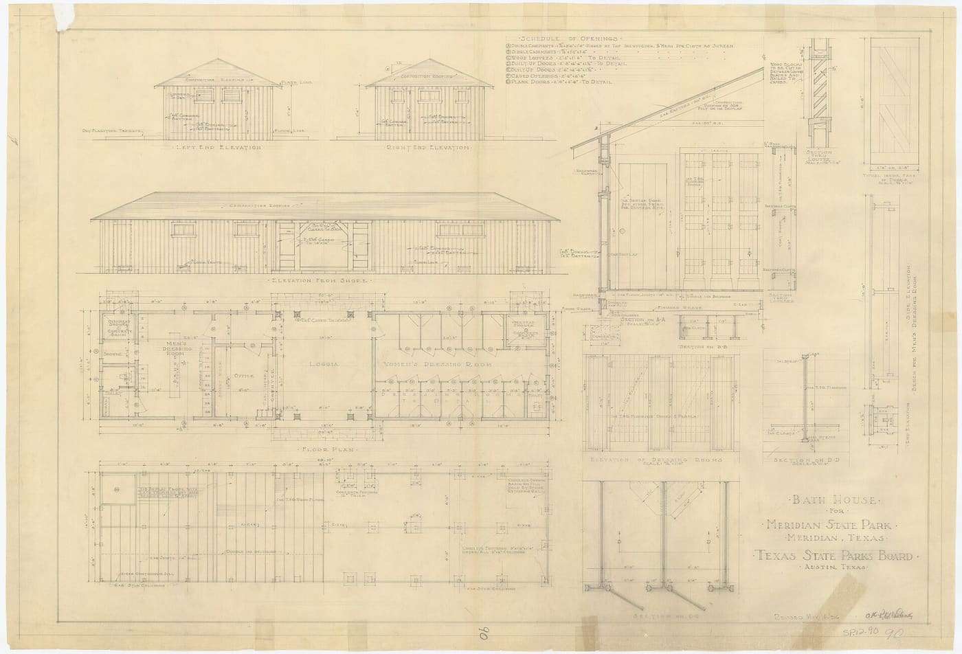 Title: Bath House Specific Date: 5/14/1936 Remarks: Pencil on paper showing bathhouse, including section on D-D, end and side elevation of bench for men's dress