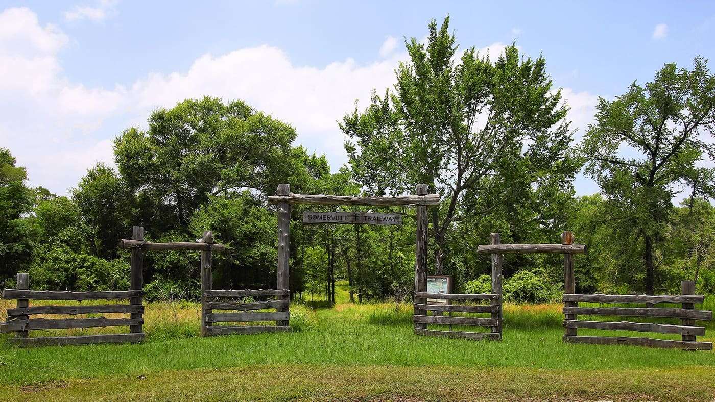The Somerville Trailway trailhead in Lake Somerville State Park -Nails Creek Unit in Lee County, Texas, United States. This challenging 13.4-mile trail is multi