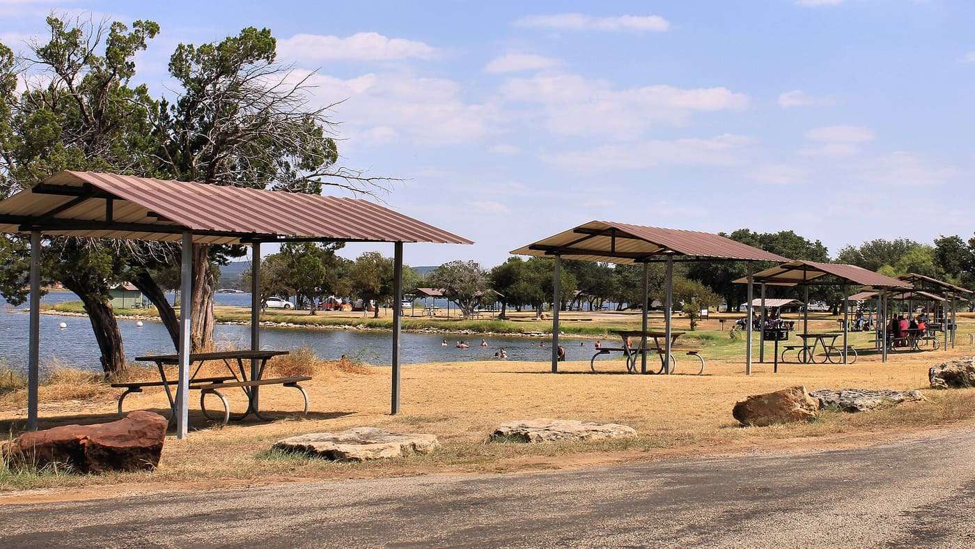 A picnic and swimming area at Possum Kingdom State Park in Palo Pinto County, Texas, United States.