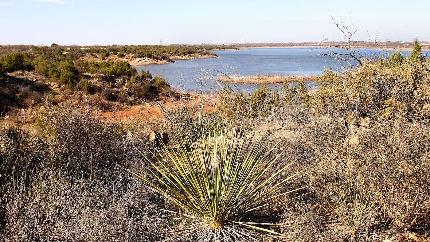 A view of Lake Colorado City from the Roadrunner Loop Trail in Lake Colorado City State Park in Mitchell County, Texas, United States.
